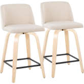 Toriano 24" Swivel Counter Stool in Natural Wood & Cream Noise Fabric with Black Footrest (Set of 2)